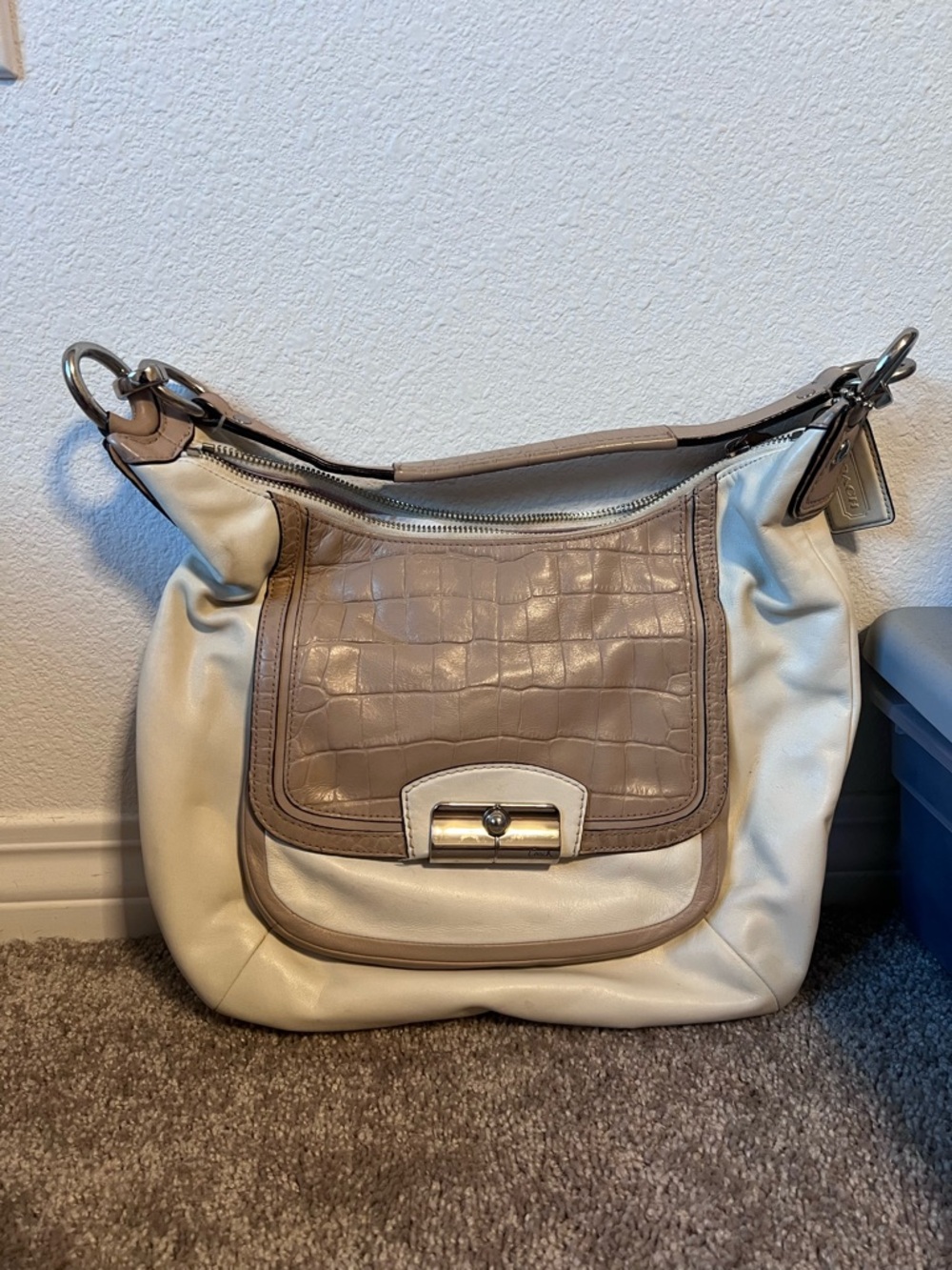 Coach Kristin Elevated Leather Hobo – Cream & Taupe Croc-Embossed